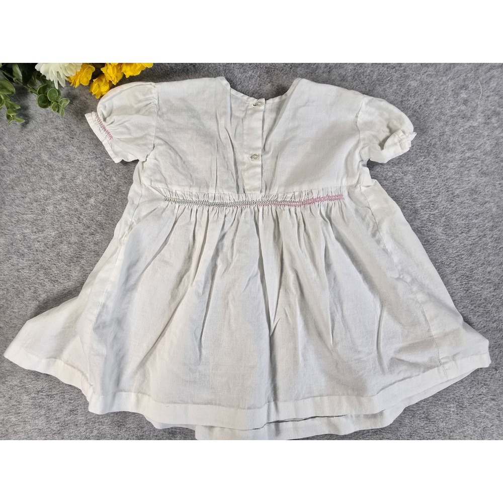 Vintage Hand Smocked Baby Dress White Cotton Pastel Embroidery Short Sleeve 3-6m - Picture 8 of 9